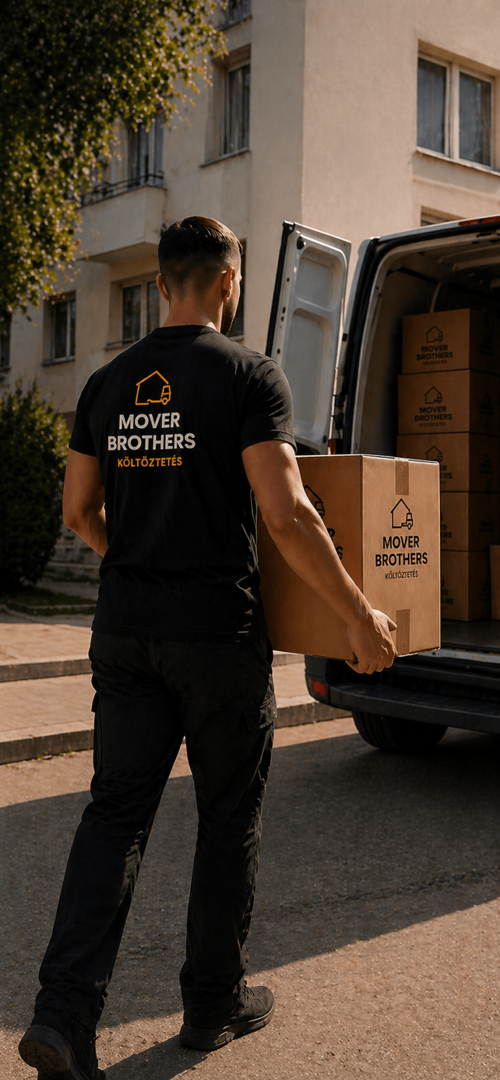 Lakásköltöztetés Budapesten – Mover Brothers munkatárs dobozokat pakol a költöztető autóba